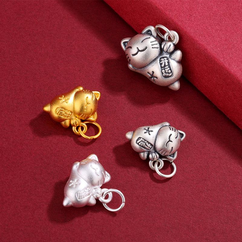 Sterling Silver 3D Lucky Cat Pendant - Cute Wealth Charm for Baby or Bestie Gift