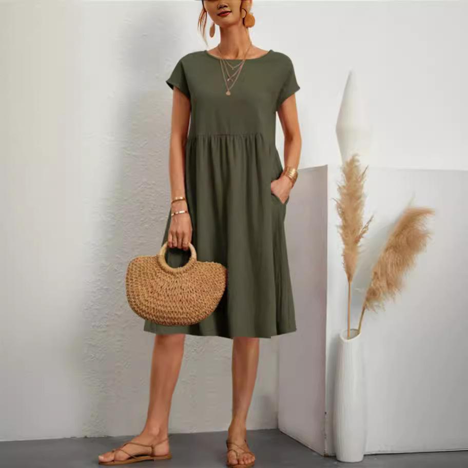 Übergröße Baumwolle Leinen Kleid für Damen Sommer Casual Splicing Taschen Kleider Weiblich Kurzarm Locker Midi Kleider
