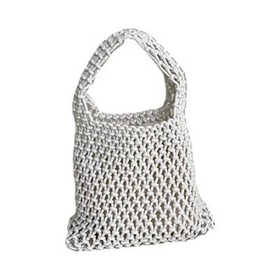Woven Basket Bag, Women's, Shoulder Bag, Handbag, Lunch Bag, Lunch Tote, Small, Lightweight, Mini Bag with Drawstring Purse and PU Base (white)
