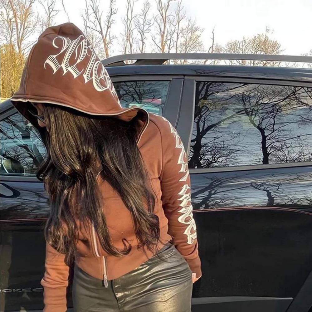 Winter Buchstabenaufdruck Reißverschluss Hoodie Streetwear Damen Cyber Y2k Jacken Strickjacke Gothic Punk Kleidung Sweatshirts