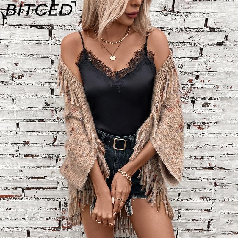 BITCED Colorful Plaid Knit Fringe Shawl Women's Fall/Winter Casual Oversized Sweater Cape