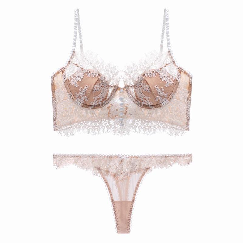 Set reggiseno francese in pizzo ultra sottile, sexy tipo U, bella biancheria intima posteriore per le donne, ricamo, fiori, bralette, reggiseno romantico, perizoma
