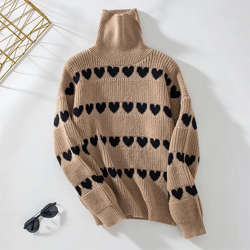 

Женский свитер 2025 Корейский повседневный свитер Женский водолазка Сращенный Сердце Вязаный топ Винтажная уличная одежда Пуловер CR4319 XL хаки