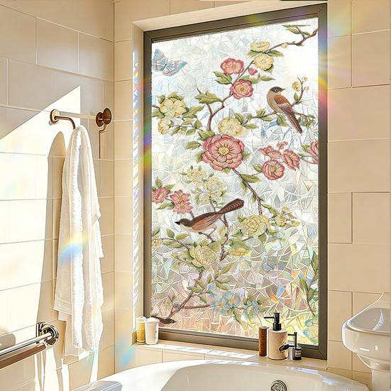 Buntglas Fensterfolie Regenbogen Floral Fenster Sichtschutzfolie Dekorativ Sonnenschutz Statisch Haftende Glasfolie für Haus Tür Fenster