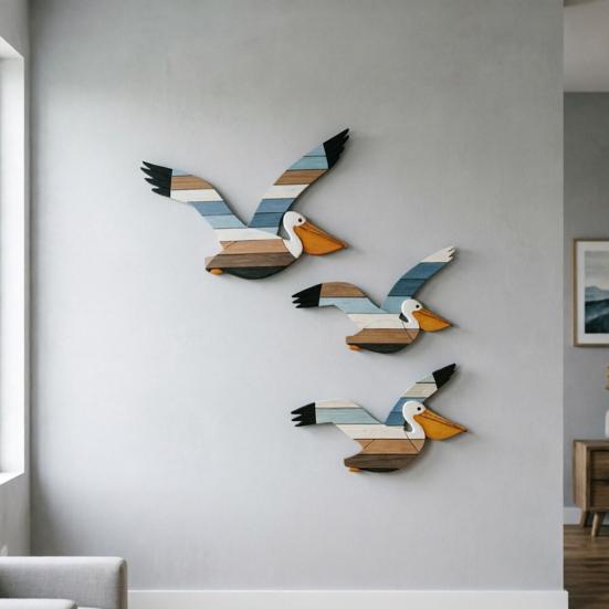 3 Pcs Pelican Wall Art Wooden Flying Bird Wall Hanging Decor Nautical Rustic Beach Wall Sculpture for Living Room Bedroom