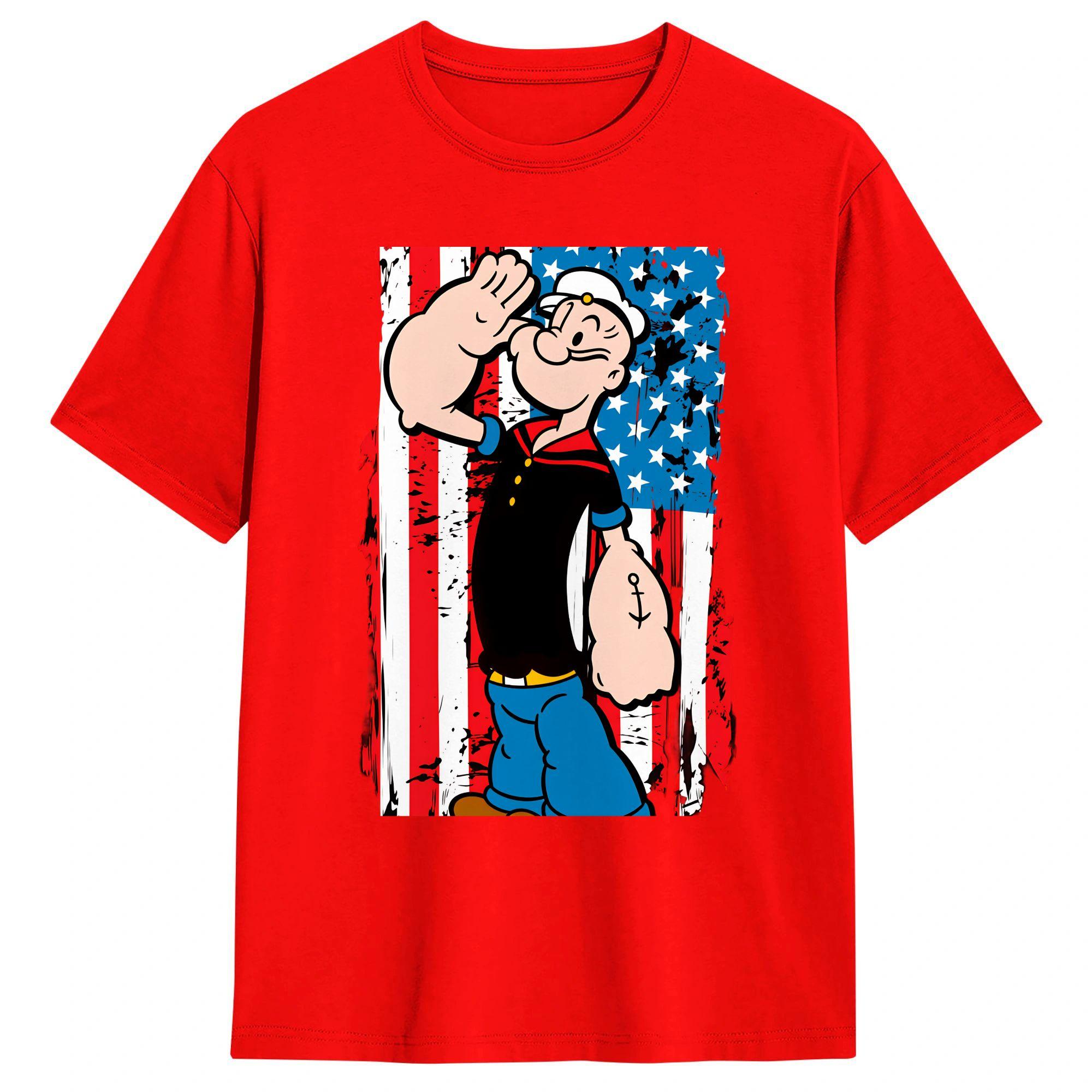 

Popeyed the Sailor Man Salute American Flag TShirts Pure Cotton Tees Summer Short Sleeve TShirt O Neck Popular Loose Tshirt S