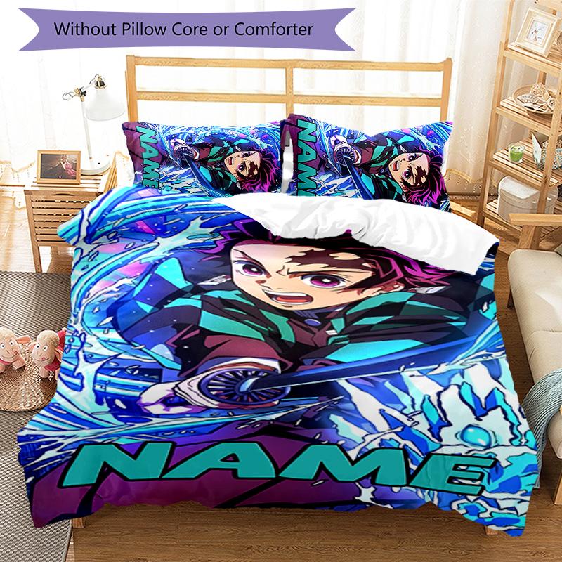 3pcs Custom Name Demon Slayer Tanjiro Bedding Set Duvet Cover Closure Includes 1 Duvet Cover & 2 Pillowcases for All Seasons Bedroom Decor