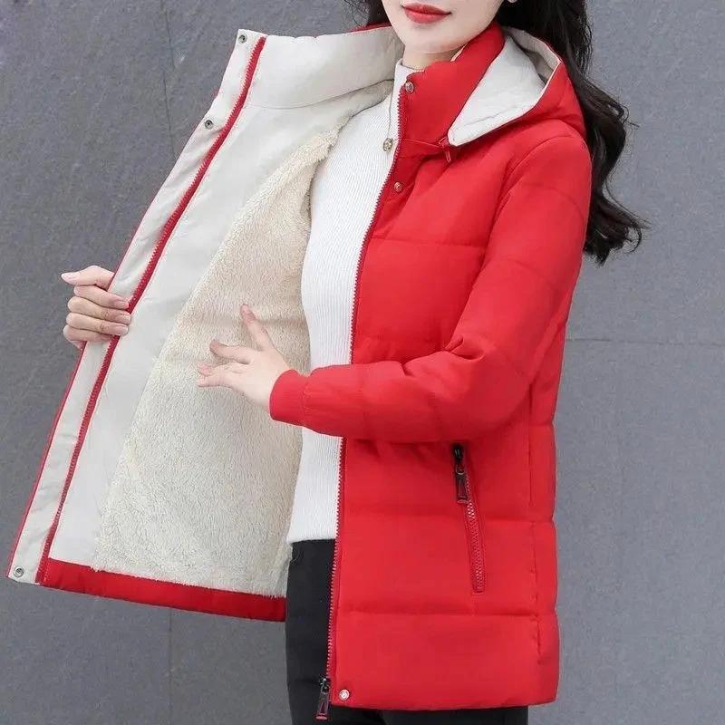 

Зимняя женская хлопковая куртка с подкладкой из бархата с капюшоном, повседневная теплая утолщенная хлопковая куртка, женская ветровка, верхняя одежда S красный