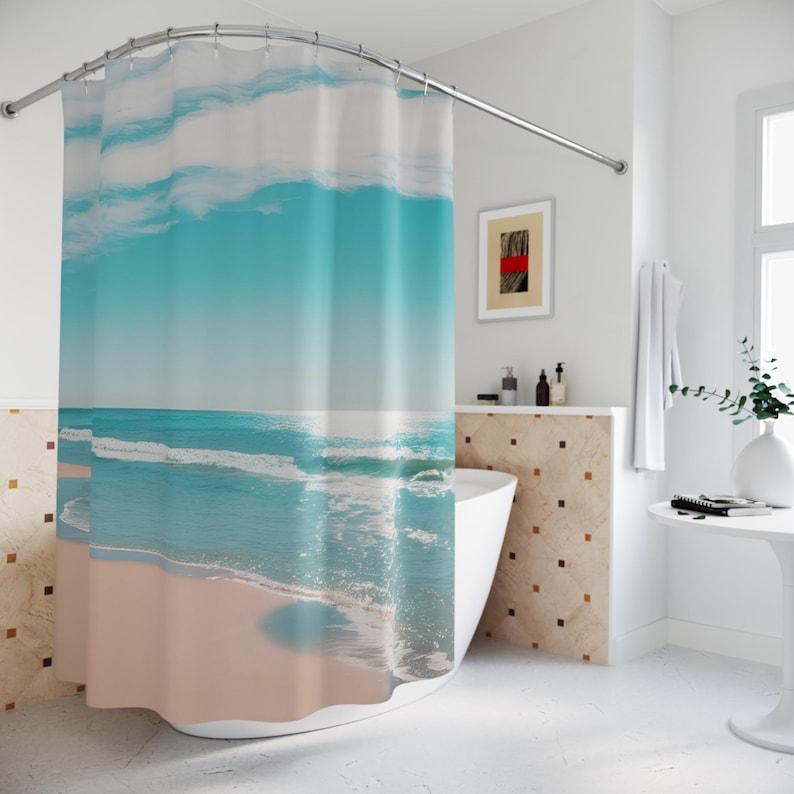 

Beach Vibes Ocean Waves Shower Curtain - Coastal Bath Decor & Nautical Summer Bathroom Design W60H190(CM)-1 Pcs