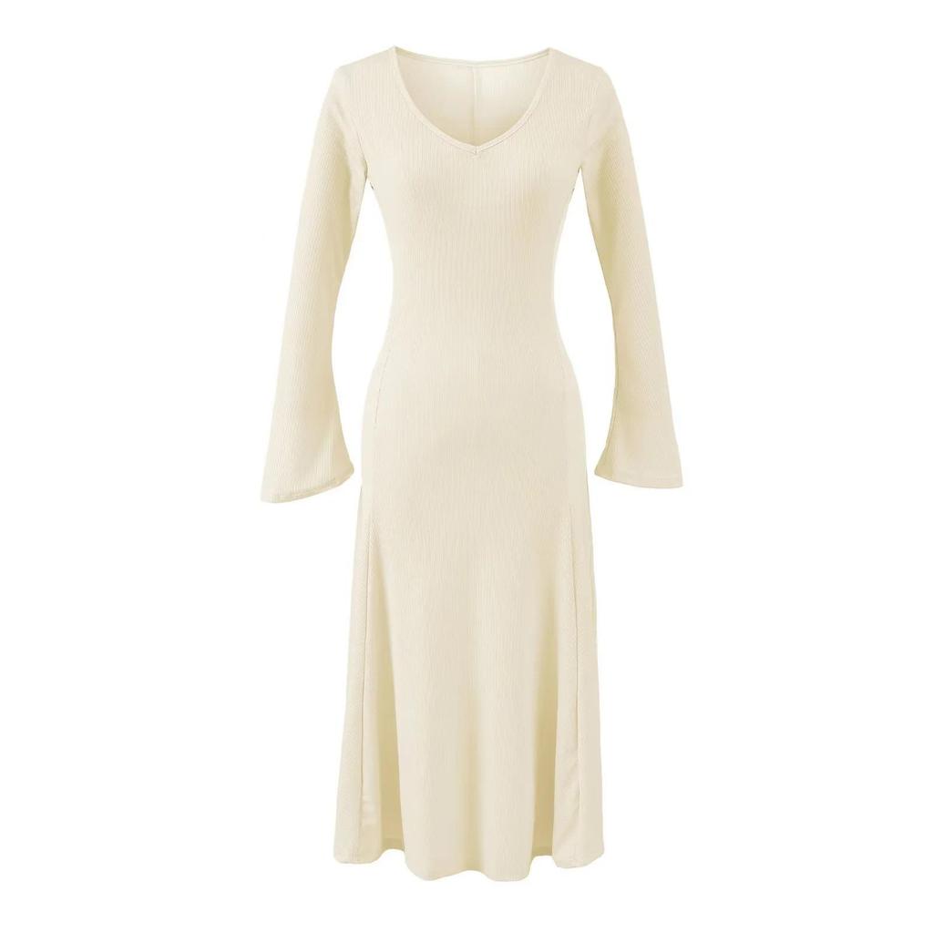 Women's French Retro V-neck Bell Sleeve Knit Dress, Autumn/Winter Slim Fit