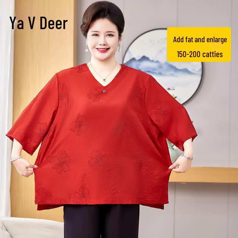Women s Plus Size Linen Embroidered V-Neck Top 4XL
