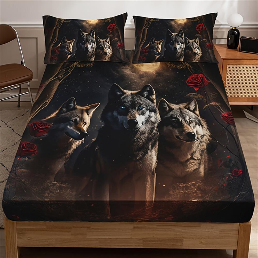 

3 предмета Ультрамягкий 3D Постельный комплект Волк Роза - Гипоаллергенная Простыня на резинке и Наволочки, Прочный Защитный чехол для матраса, Модный AU Double180x210cm