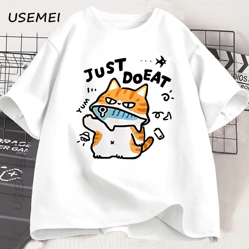 

Funny Cat Eat Fish T-shirt for Women Summer Tops Tshirts O-neck Women Clothing Streetwear Short Sleeve T Shirt 4XL