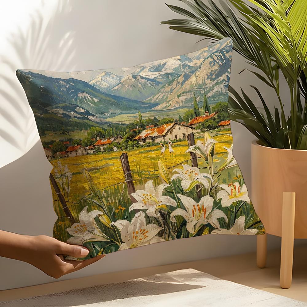 Beautiful Landscape Painting Style Linen Cushion Covers For Decorative Sofa Home Pillows Case Car Chair Pillows Cases