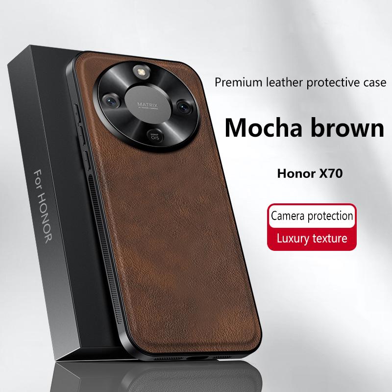 Luxusní PU kožené pouzdro na telefon pro Honor X70 Magsafe Kovový kroužek Magnetická přitažlivost Ochrana objektivu Odolný Nárazuvzdorný kryt