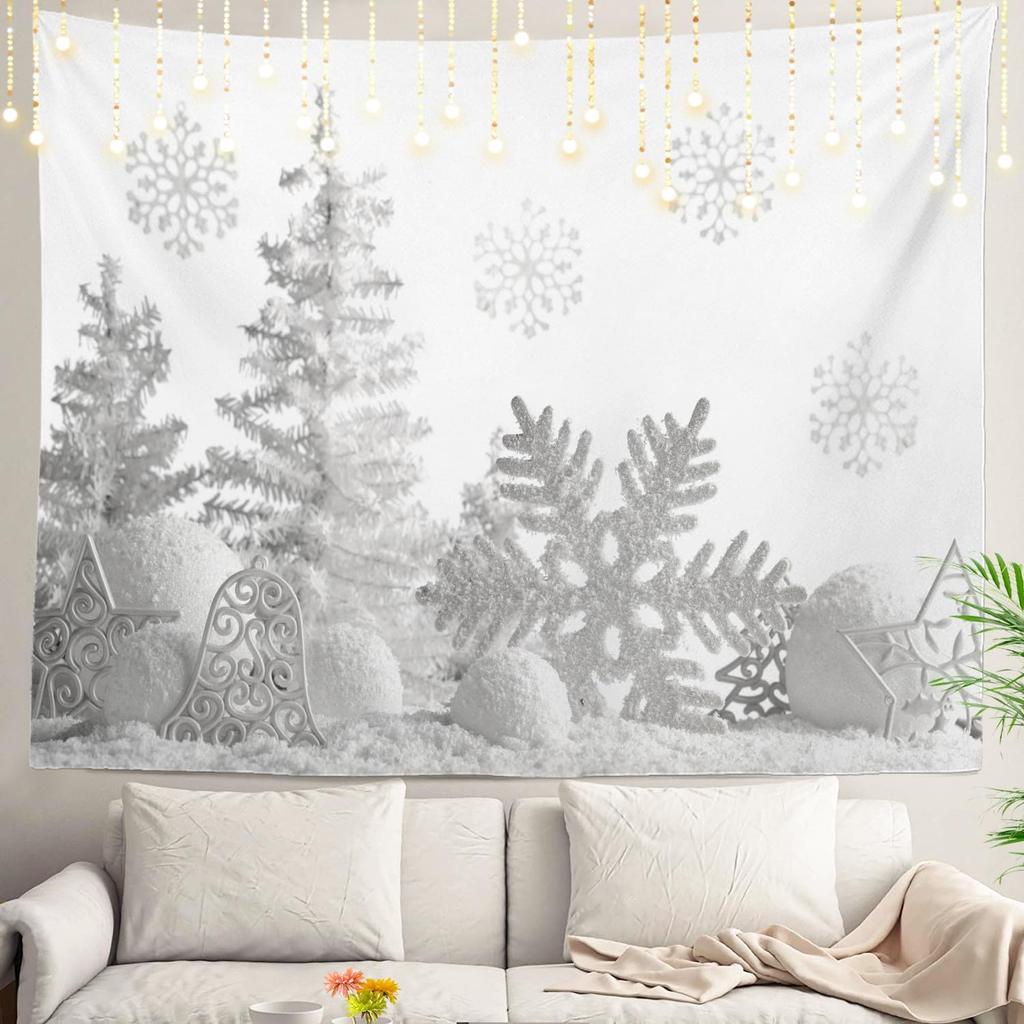 White Snow Wall Tapestry, Grey Wall Hanging Large Tapestry Decoration Polyester Fiber White Hem Around for Dorm Room Bedroom