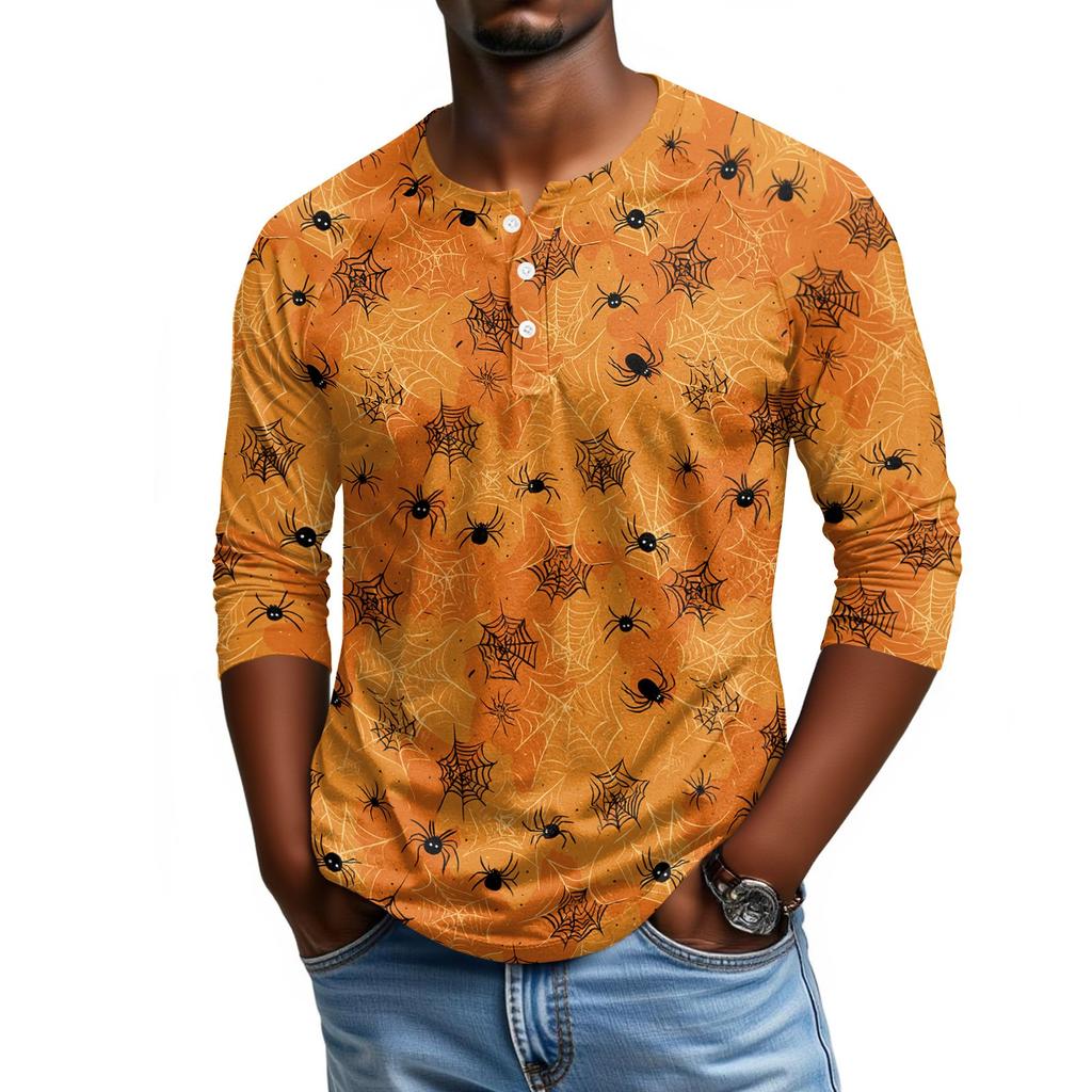Men's Casual Halloween Print Raglan Sleeve Henley Shirt Three Quarter Sleeve Lightweight Top for Everyday Wear