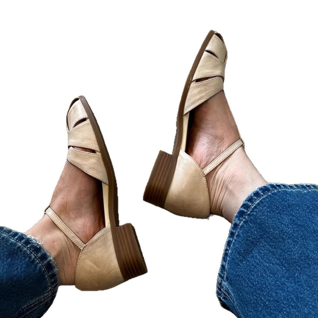 Sheepskin version~ retro round head hollow summer leather sandals women's one-word with hollow thick heel literary style bag head shoes