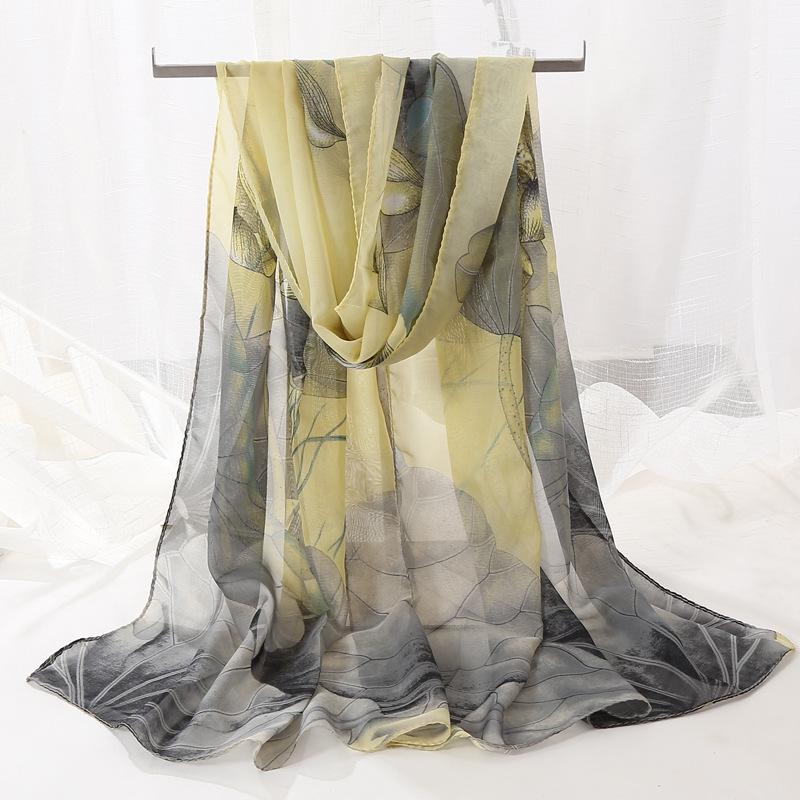 Chiffon Lotus Print Long Scarf - Lightweight, Thin Spring/Autumn Silk Accessory for Middle-Aged & Elderly