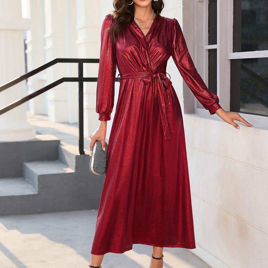 V-neck Slim Lace Up Gold Plated Dress Evening Fashion Long Dress