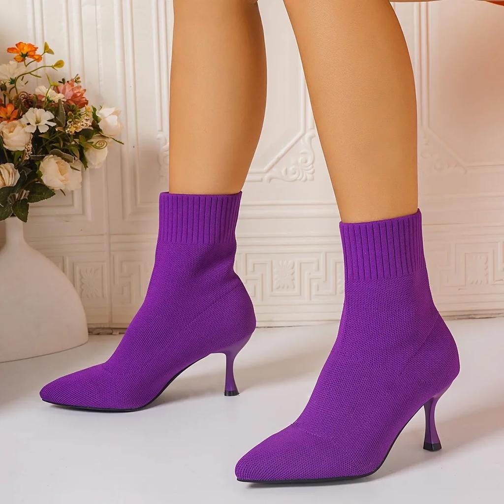Fashion Women Boots Short High Heels Shoes for Women Autumn Winter Botas Mujer Knitted Ankle Boots Black Sock Women Heels Boots Female