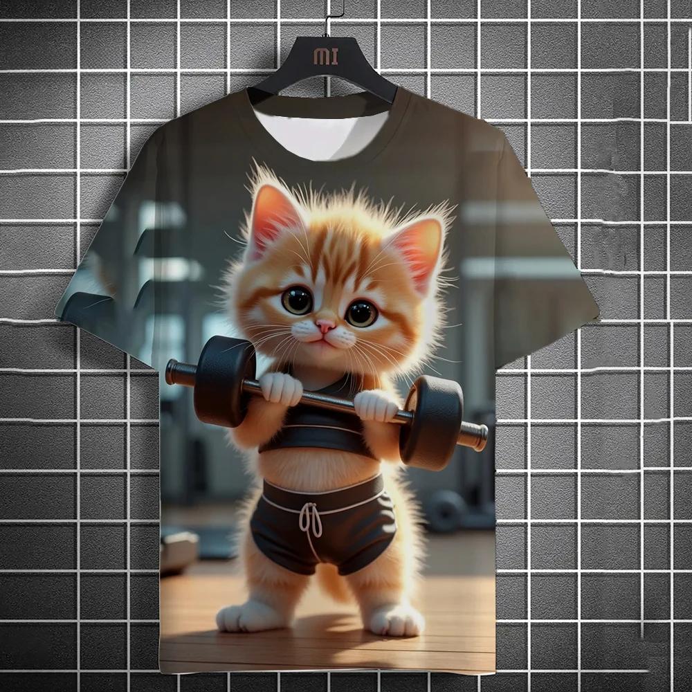 3D Fitness Cat Print Short Sleeve T-Shirts Oversized Clothing Summer Street Casual Top Fun Animal Men's T-shirts