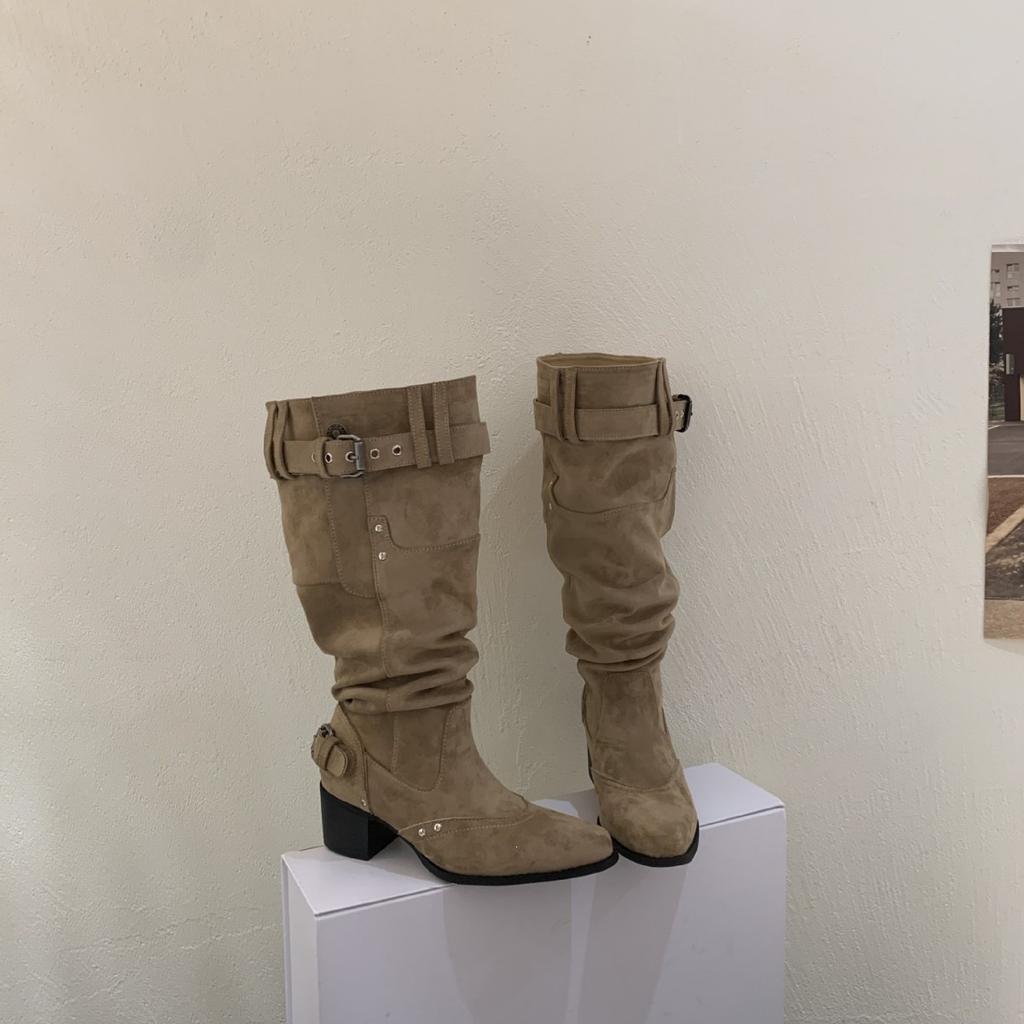 Coarse heel French pointed western cowboy boots women's boots new tall stacking boots