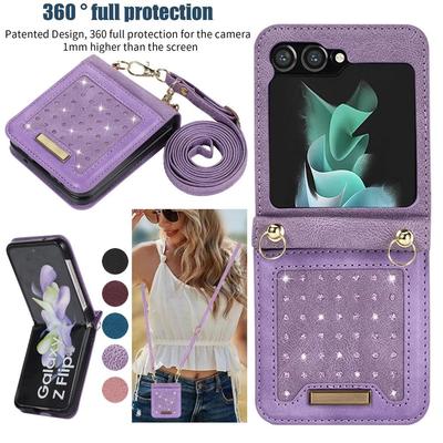 Pouzdro Galaxy Z Flip 5 Case 360 ​​Full Protection Crossbody Case pro Samsung Galaxy Z Flip 5/4/3 diamantová kožená peněženka Pouzdro na šňůrku Stojan proti nárazu