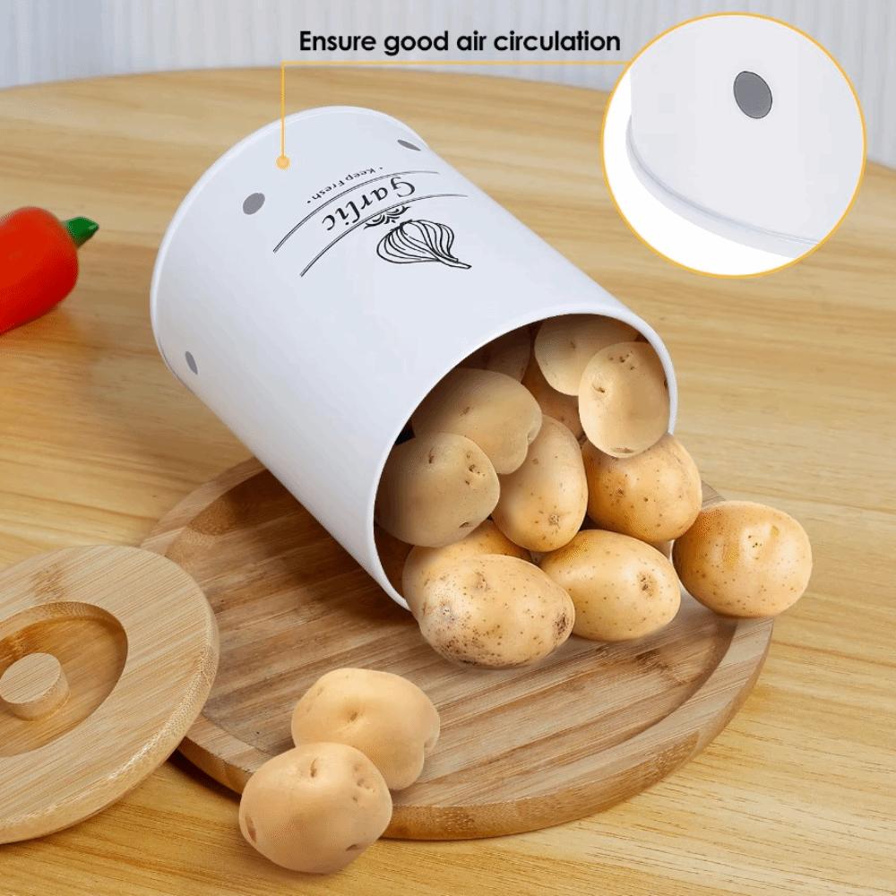 Carbon Steel Garlic Storage Bin with Lid Garlic Keeper Potato Storage Container Pantry