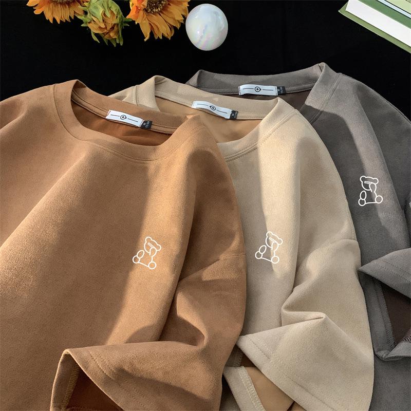 American Retro Men's Oversized Suede Short Sleeve T-Shirt - Trendy Summer Fashion, Small Collar, 5-Point Sleeve, 220g Heavyweight.