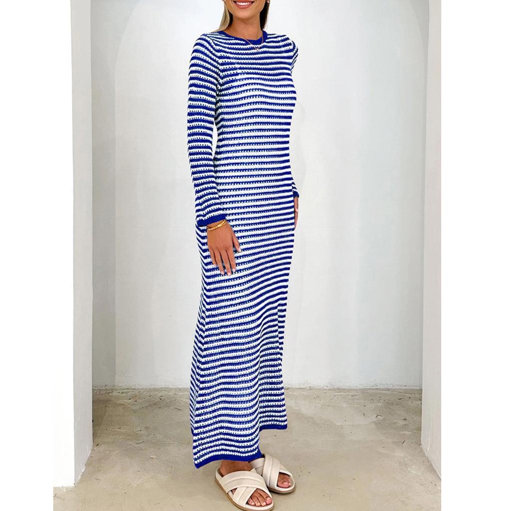 Dámské ležérní pruhované svetrové šaty s dlouhým rukávem, středně dlouhé šaty, šaty úzkého střihu
