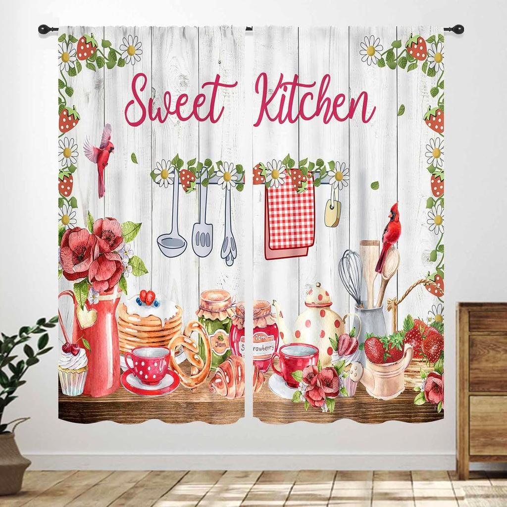 Rustic Kitchen Curtains,Retro Fork Spoon Wooden Plank Farmhouse Country Cooking Theme Funny Quotes Window Treatment for Bedroom