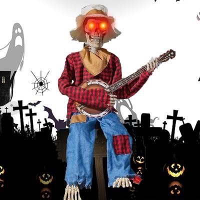 Cadılar Bayramı İskelet Süsü Animasyonlu Kırsal İskelet Müzisyen Grup Banjo Çalan Heykel Çiftlik Evi Tarzı