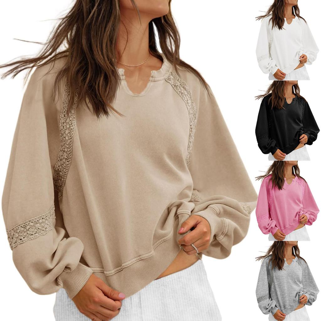 Women's Fashionable Solid Color Patchwork Lace Casual Loose Fitting V-Neck Sweatshirt Top