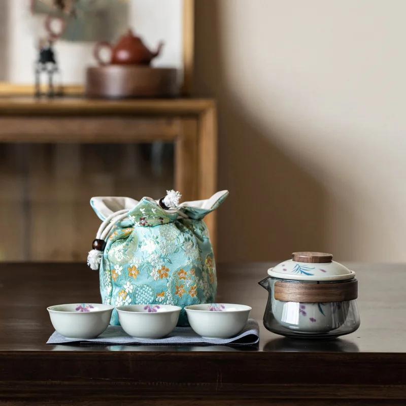 Hand Painted Quick Cup Anti-Scald Glass Travel Tea Set Outdoor Camping Portable Storage Cloth Bag Kung Fu Tea Set Chinese