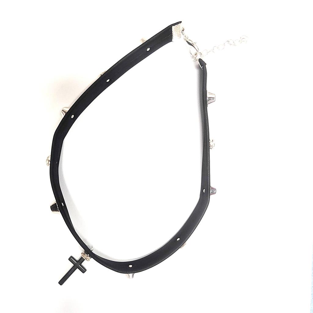 Dark Y2k Babes Wind Leather Rivet Choker Stacked Cross Necklace Female Personality Subculture Collarbone Chain