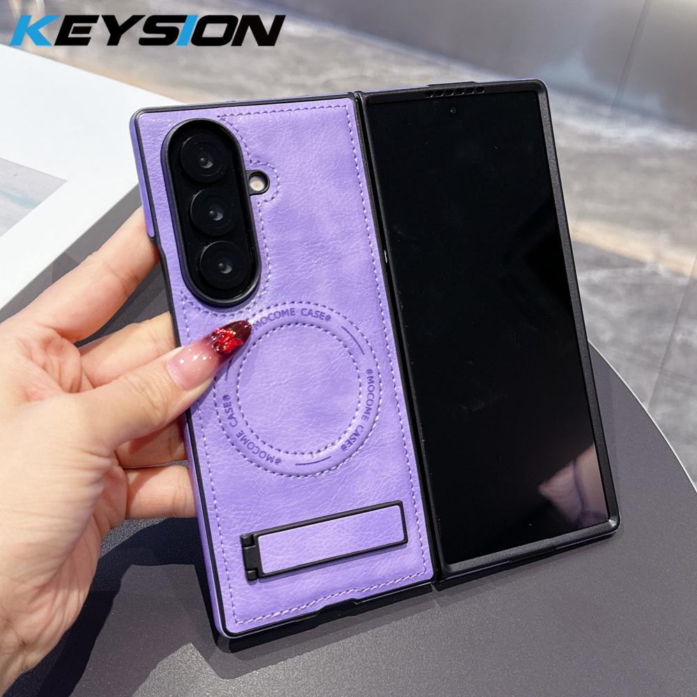 KEYSION Luxus PU Leder Magnetische Hülle für MagSafe für Samsung Galaxy Z Fold 7 5G Ständer Kabelloses Laden Handy Rückseite