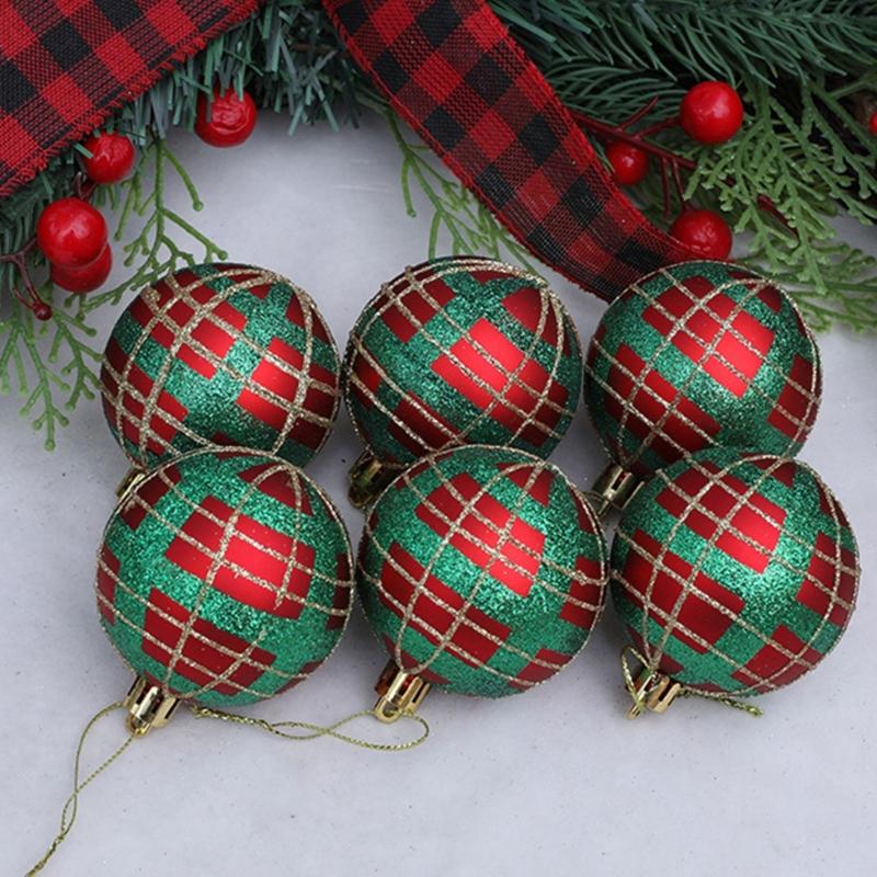 2 Boxes Christmas Tree Decorations Tartan Pattern Plastic Hanging Ball Festival Home Holiday Party Decorative Accent