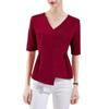 Women's Asymmetrical Waist-Cinching V-Neck Top - Chinese Style, Mid-Sleeve, Slimming Solid Color