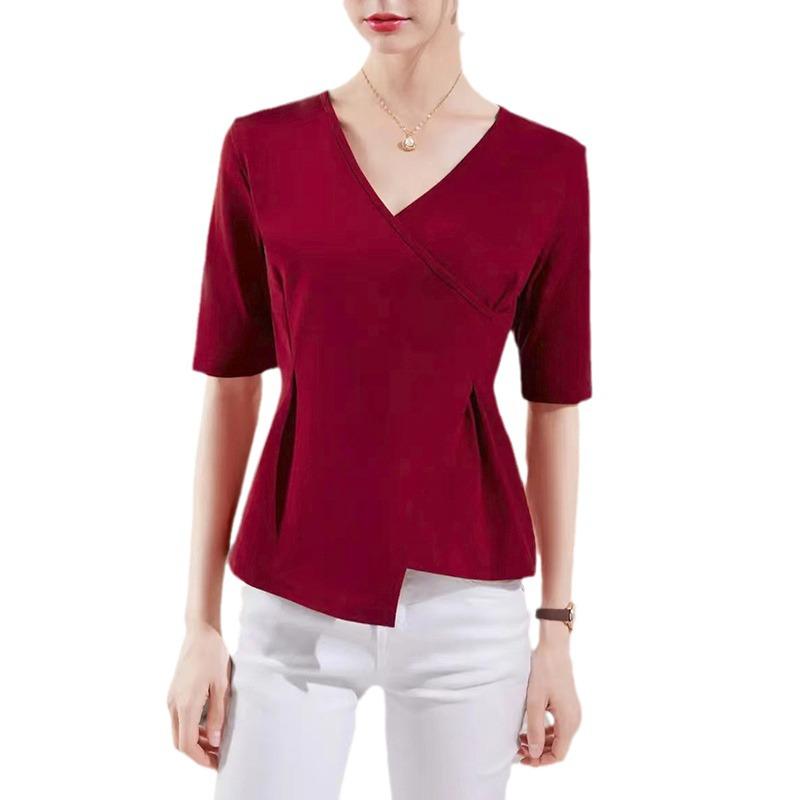 Women's Asymmetrical Waist-Cinching V-Neck Top - Chinese Style, Mid-Sleeve, Slimming Solid Color