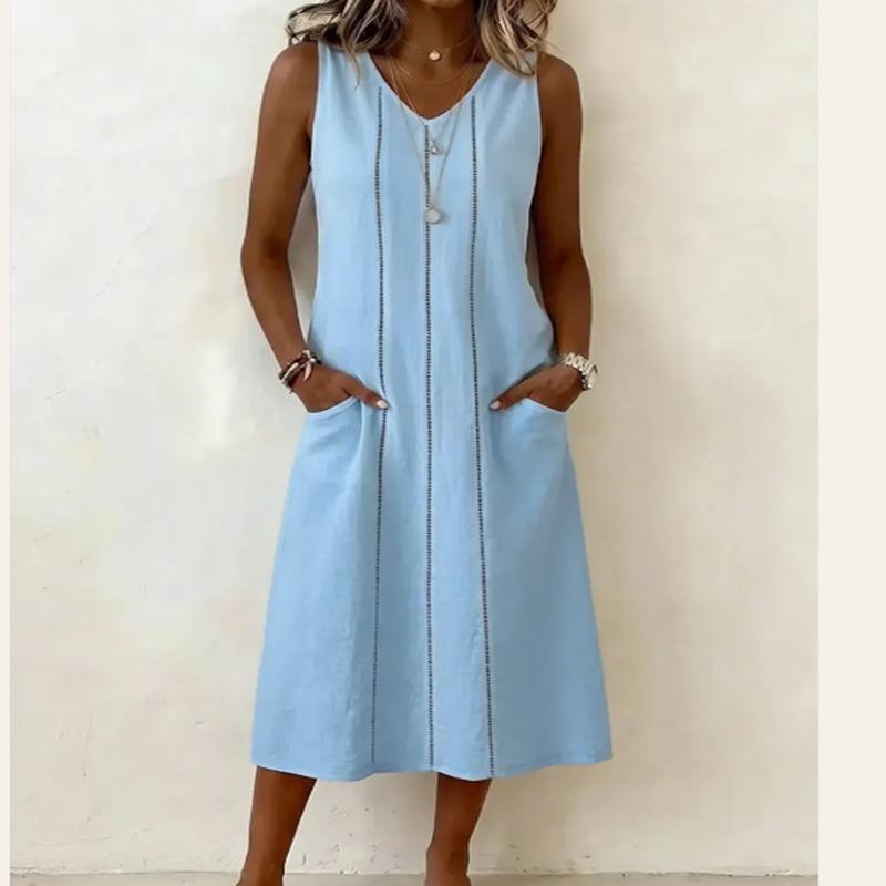 European and American women's clothing summer new V-neck sleeveless lace pocket cotton and linen dress