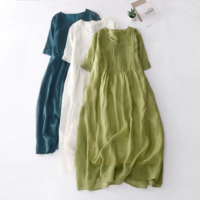 Women's Solid Cotton Linen Long Dresses A Line V Neck Pleated Short Sleeve Maxi Dresses With Pocket Summer