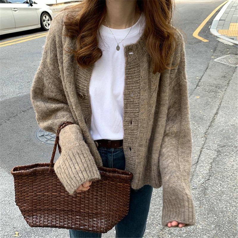 Korean Fashion Twisted Cardigan Sweater Women O Neck Single-breasted New Knitted Office Retro Coats Female Autumn Winter Solid Color Casual Jackets