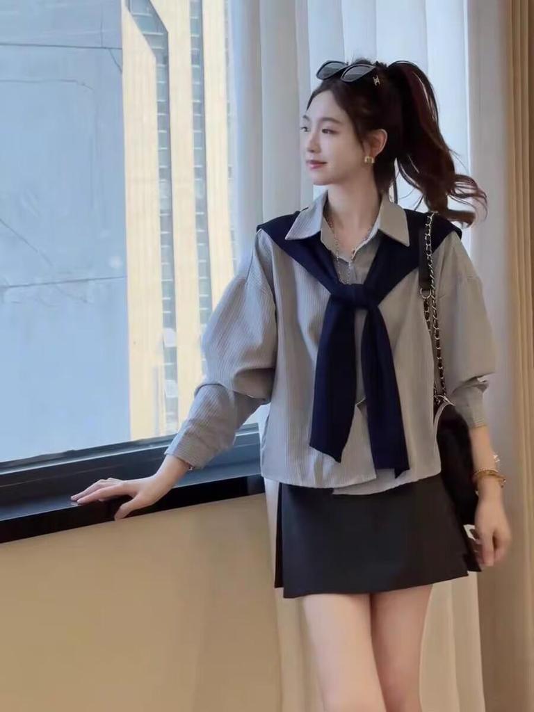Korean Striped Shawl Long Sleeve Two-Piece Set for Women - 2026 Autumn Slimming Versatile Top