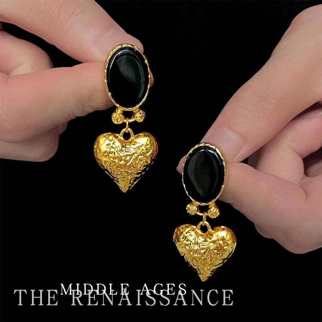 Средневековые французские ретро черные золотые серьги-гвоздики с любовью, трехмерный рельеф, придворный стиль, преувеличенные серьги, украшения для ушей
