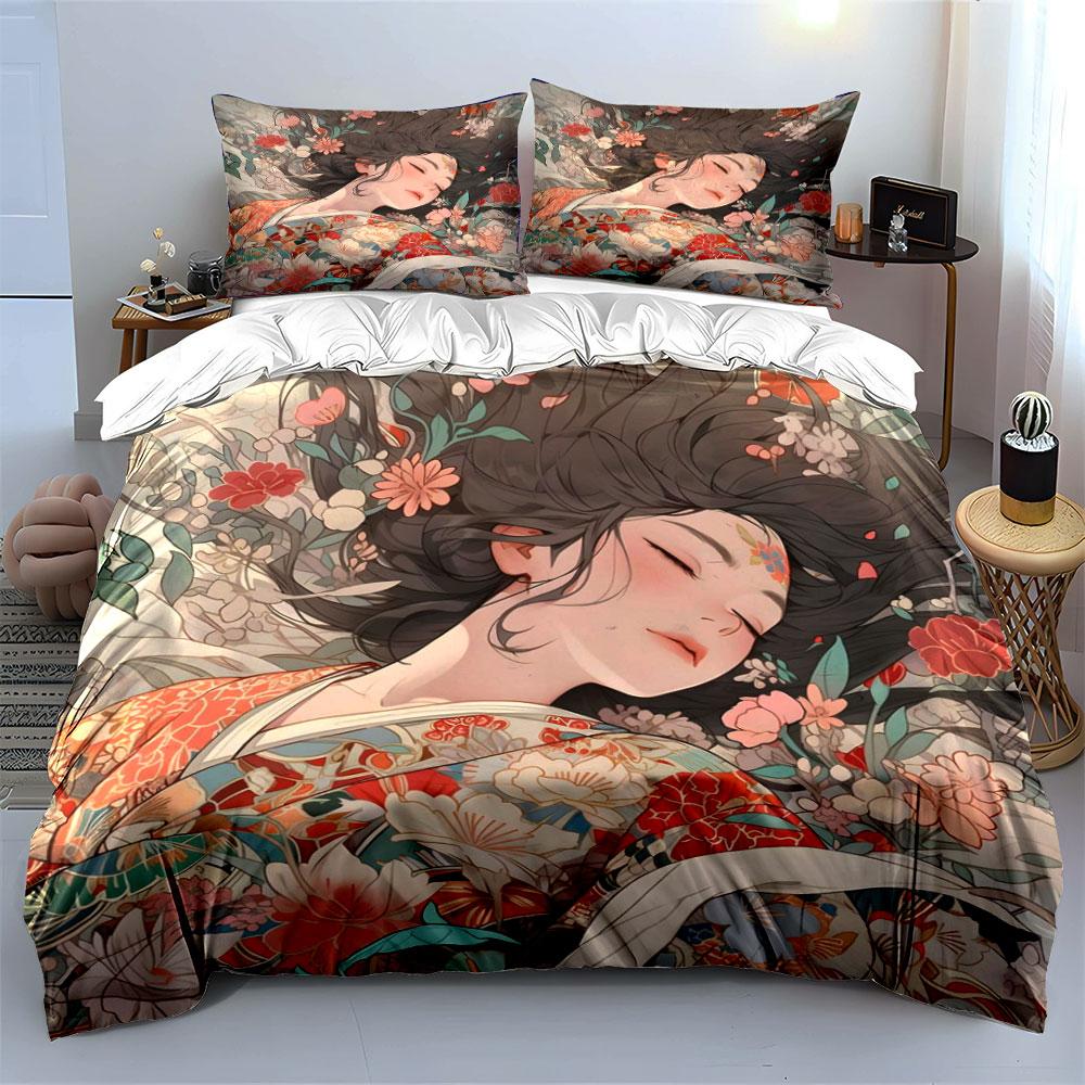 Japanese Floral Kimono Girl Bedding Set 3pcsVintage Cherry Peony Flower Sleeping Lady Print Duvet CoverBeautiful Bedroom Decor