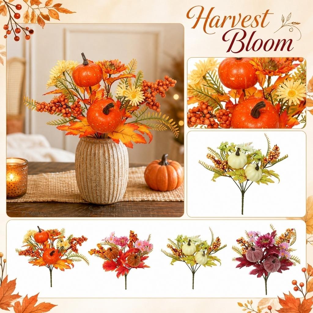 Artificial Berry Pumpkin and Maple Leaf Stem 30cm Halloween Party Decoration Floral Arrangement for Seasonal Home and Event Decor