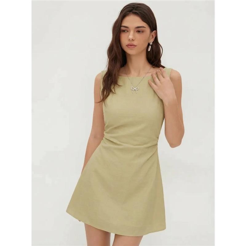 Women Square Neck Sleeveless Mini Dress Backless Bow Tie Design Slim Fit A Line Short Dress Elegant Party Club Bodycon Dress