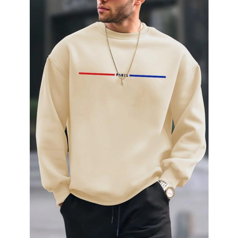 Men's Autumn Winter Fashionable Casual Loose Oversized Paris Printed Fleece Pullover Round Neck Long Sleeved Sweatshirt Pullovers & Long Sleeves Men’s