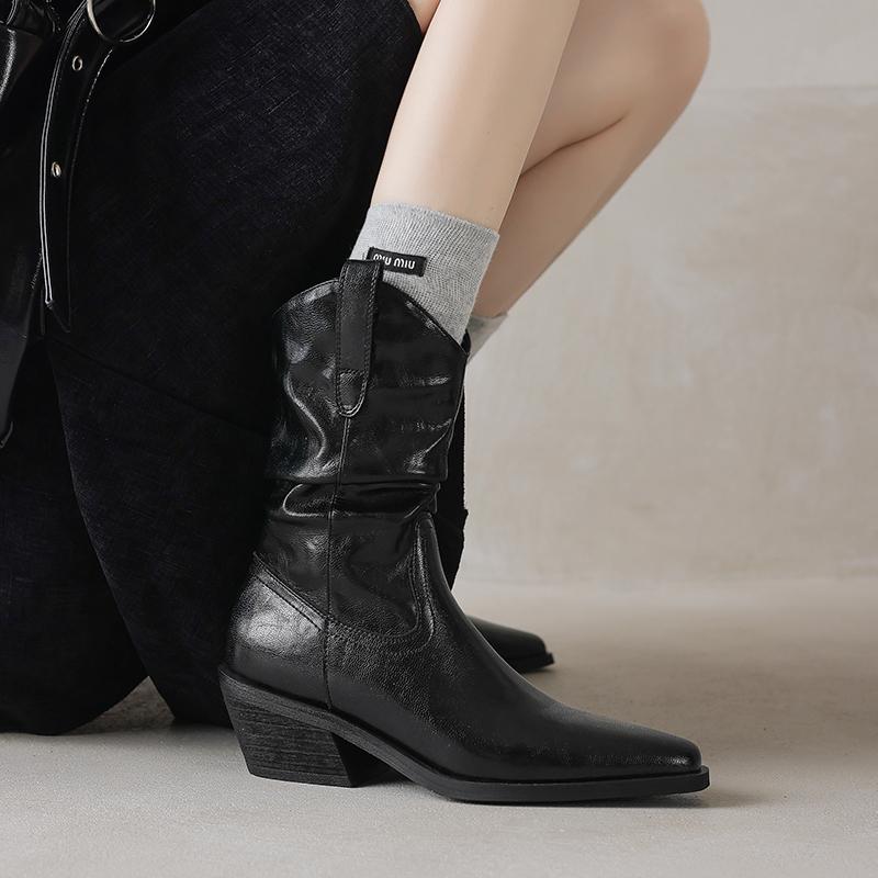 Fashion 2024 New Autumn Women Boots Pointed Toe Chunky Heel  Shoes for Women Slip-on Short Boots Embroider Western Boots Retro